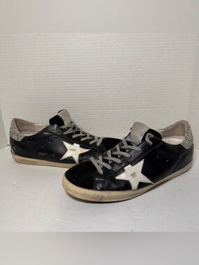 Golden Goose Superstar Black Leather Silver Glitter Suede Star Women’s Sz 40 9.5